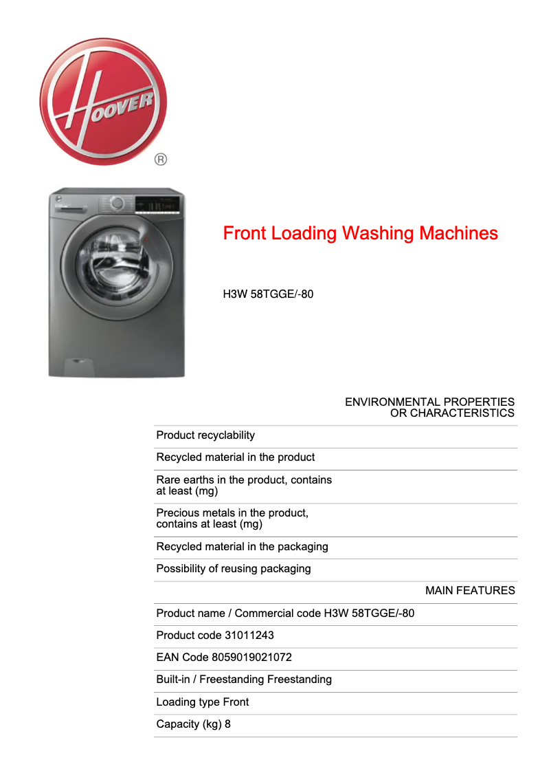 Page 1 de la notice Fiche technique Hoover H3W 58TGGE/-80