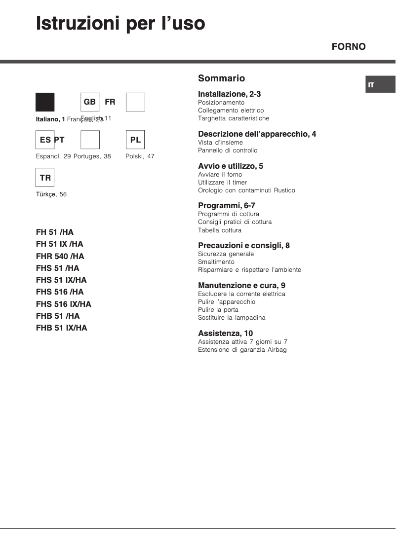 Page 1 de la notice Manuel utilisateur Hotpoint Ariston FH 51 IX/HA