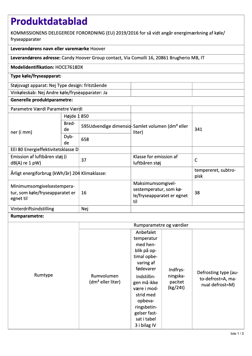 Page 1 de la notice Brochure Hoover HOCE7618DX