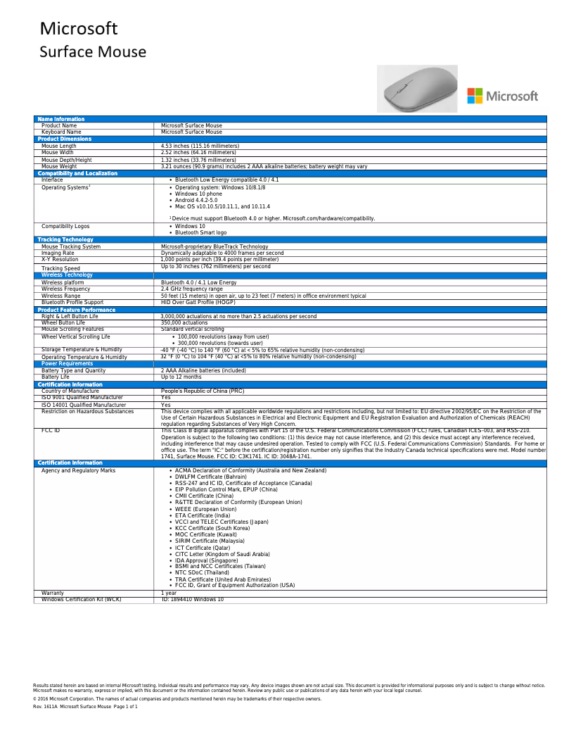 Page n°1 - Manuel utilisateur Microsoft Surface Mouse