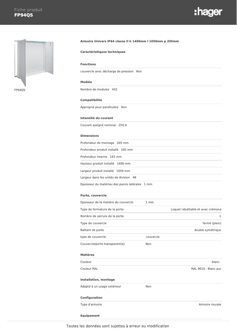 Page n°1 - Fiche technique Hager FP94QS