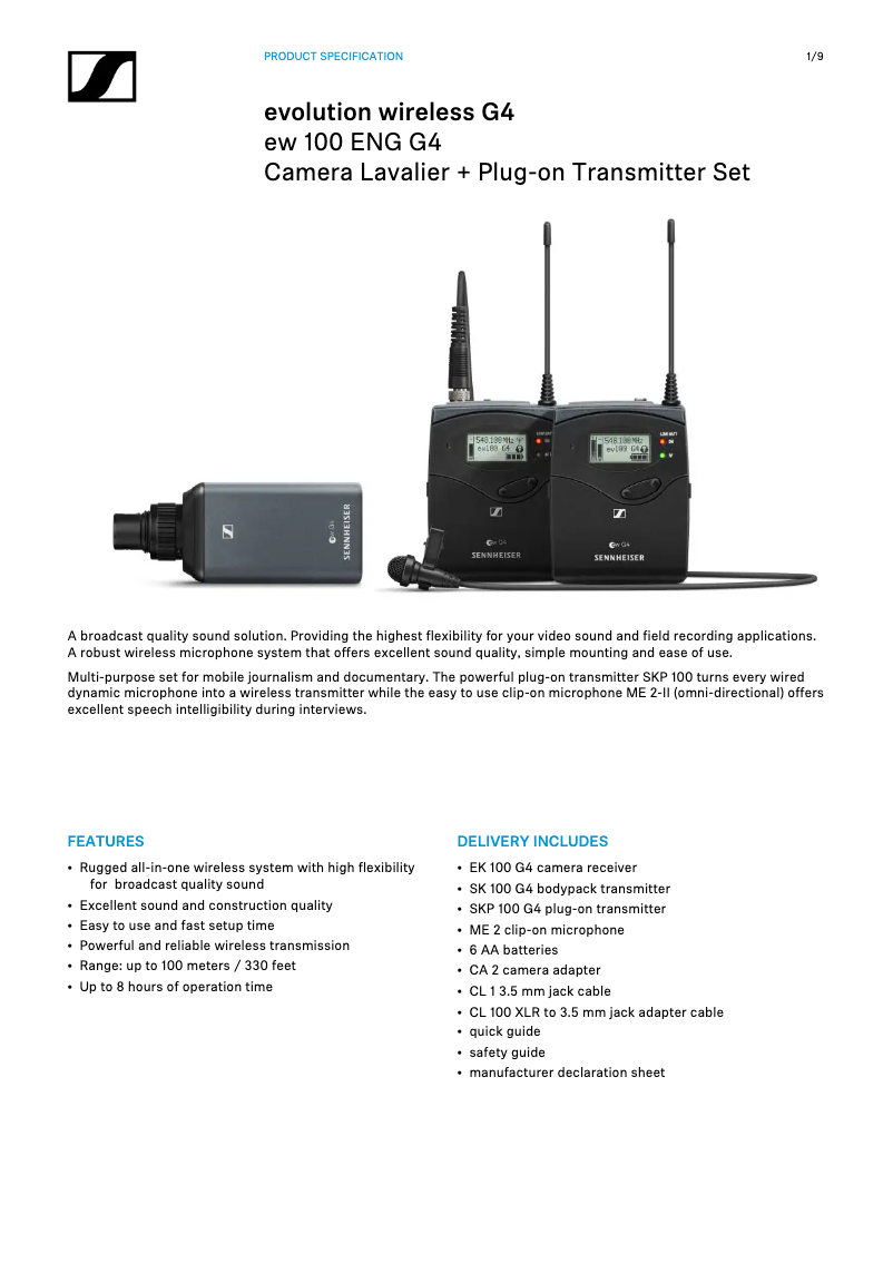 Page 1 de la notice Fiche technique Sennheiser EW 100 ENG G4