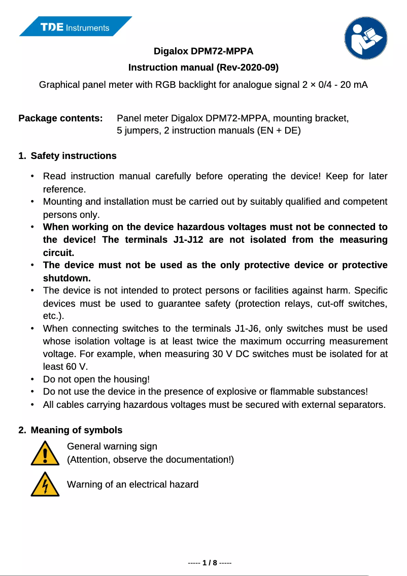 Image de la première page du manuel de l'appareil Digalox DPM72-MPPA