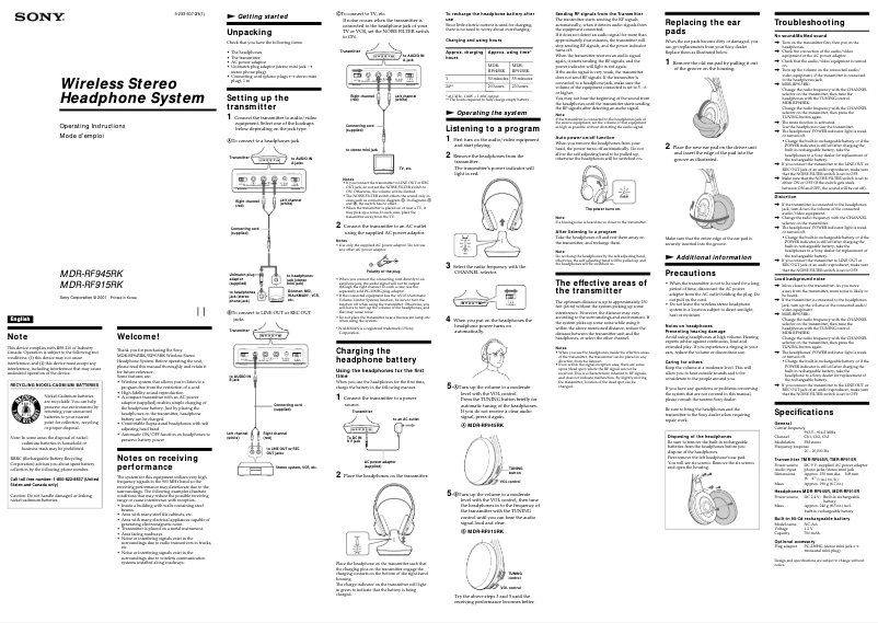 Page n°1 - Manuel utilisateur Sony MDR-RF915RK