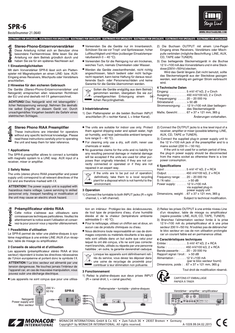 Page 1 de la notice Manuel utilisateur Monacor SPR-6