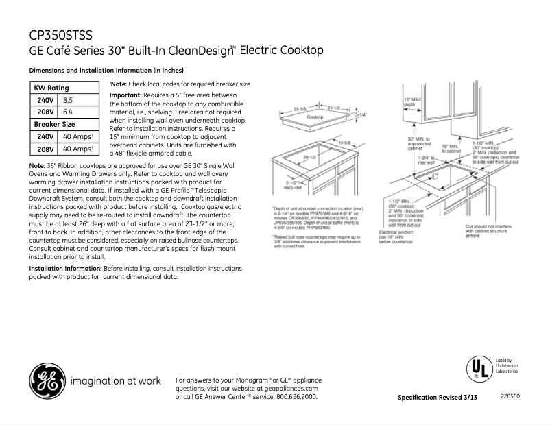 Page n°1 - Fiche technique GE Café CP350STSS