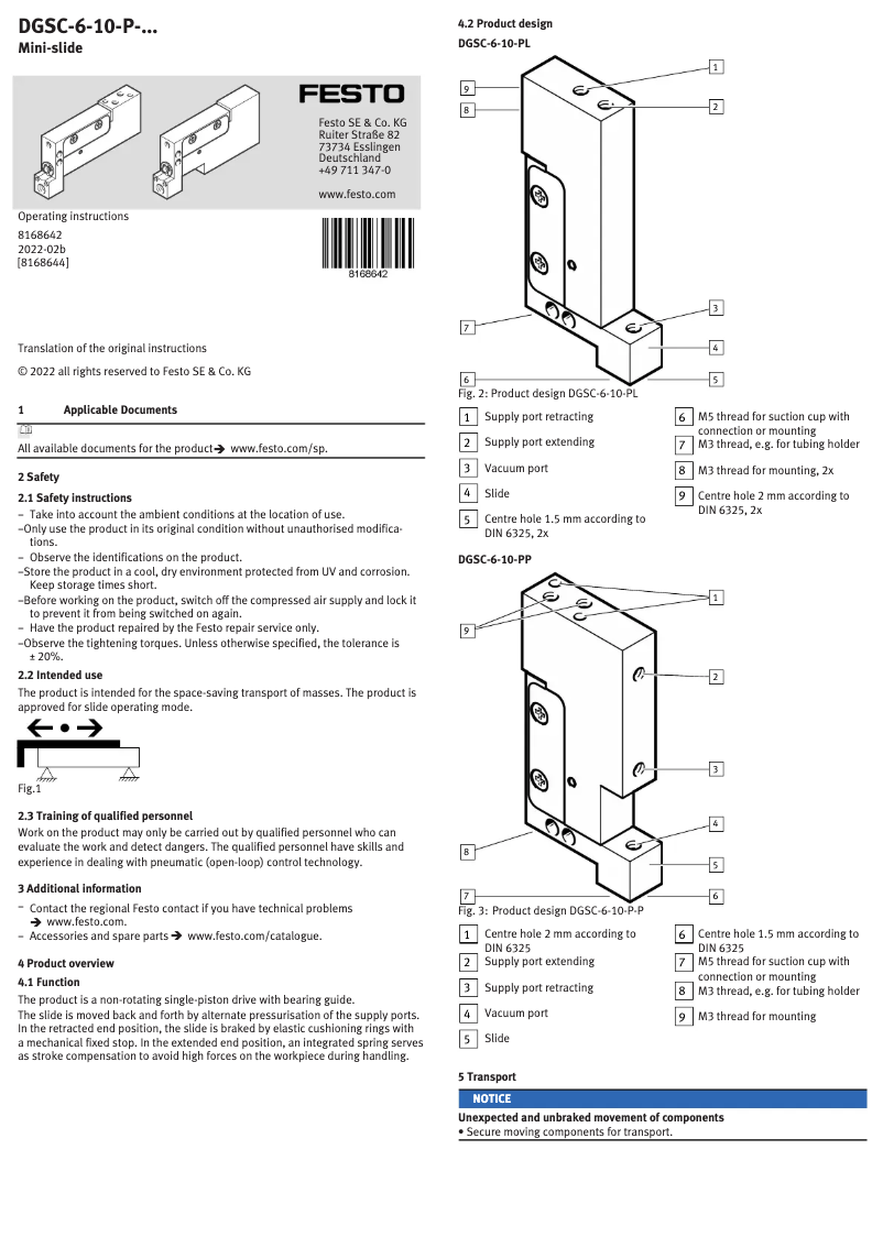 Page 1 de la notice Manuel utilisateur Festo DGSC-6-10-P-P
