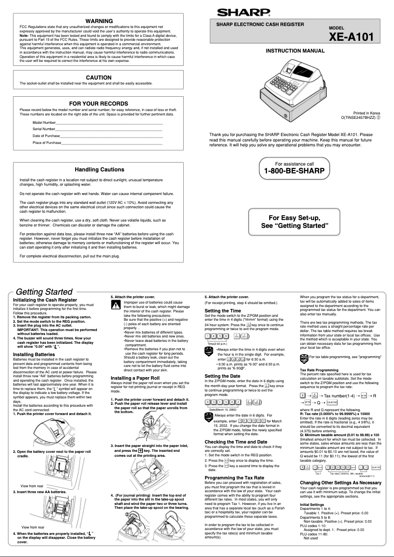 Page 1 de la notice Manuel utilisateur Sharp XE-A101