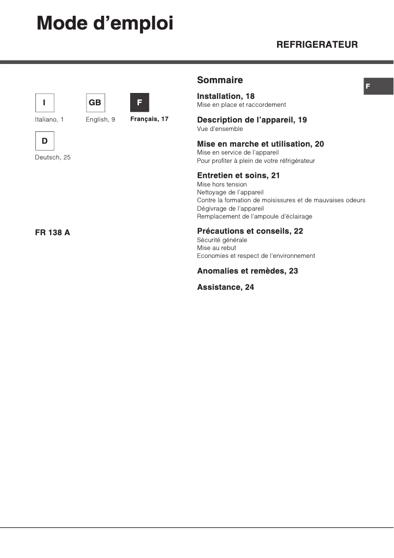 Page 1 de la notice Manuel utilisateur Smeg FR138A