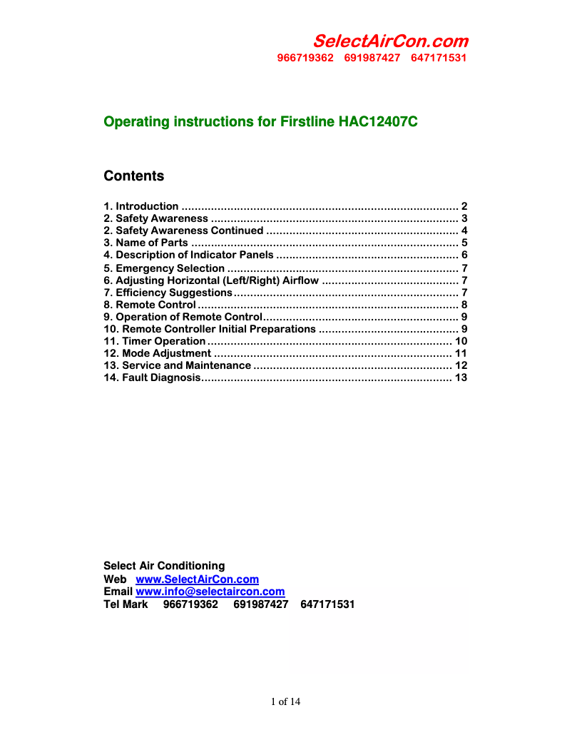 Page n°1 - Manuel utilisateur Firstline HAC12407C