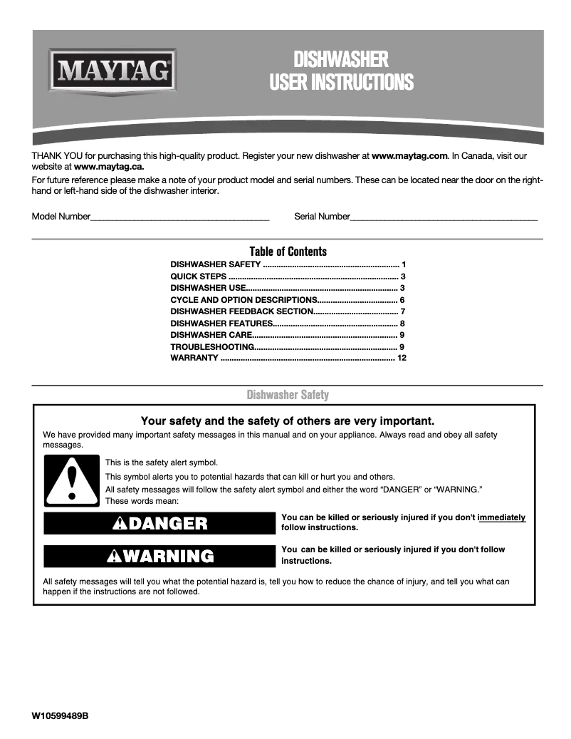 Page n°1 - Manuel utilisateur Maytag MDB4949SDE