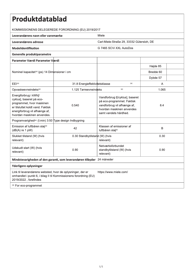 Page n°1 - Fiche technique Miele G 7465 SCVi XXL AutoDos