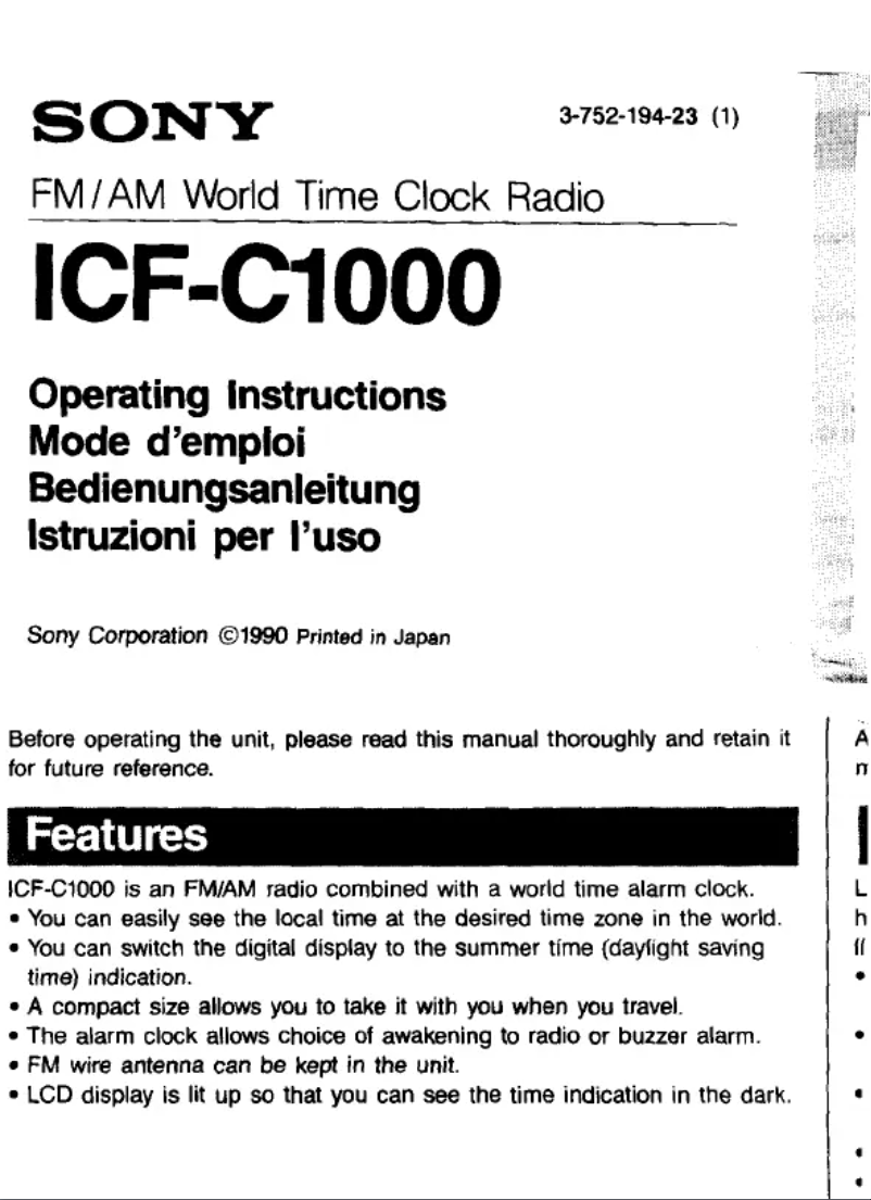 Page 1 de la notice Manuel utilisateur Sony ICF-C1000