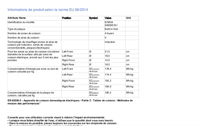 Page 1 de la notice Fiche technique Electrolux EIS624