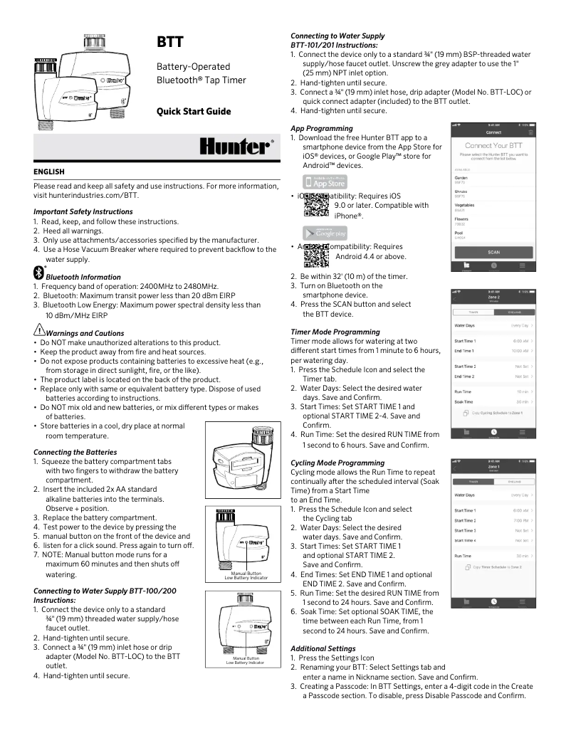 Page 1 de la notice Manuel utilisateur Hunter BTT 201