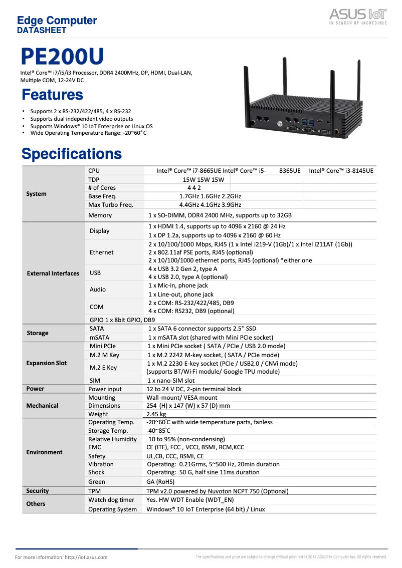 Page 1 de la notice Fiche technique Asus PE200U