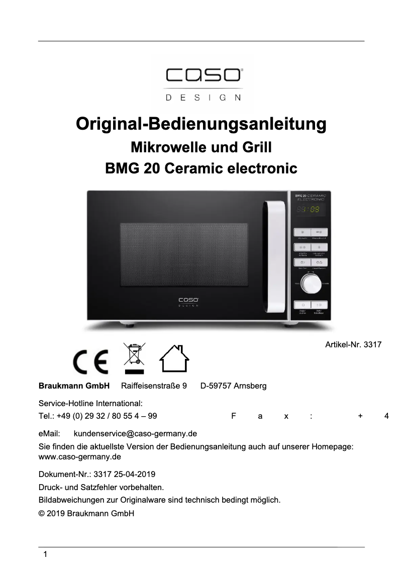 Page 1 de la notice Manuel utilisateur Caso BMG 20 Ceramic