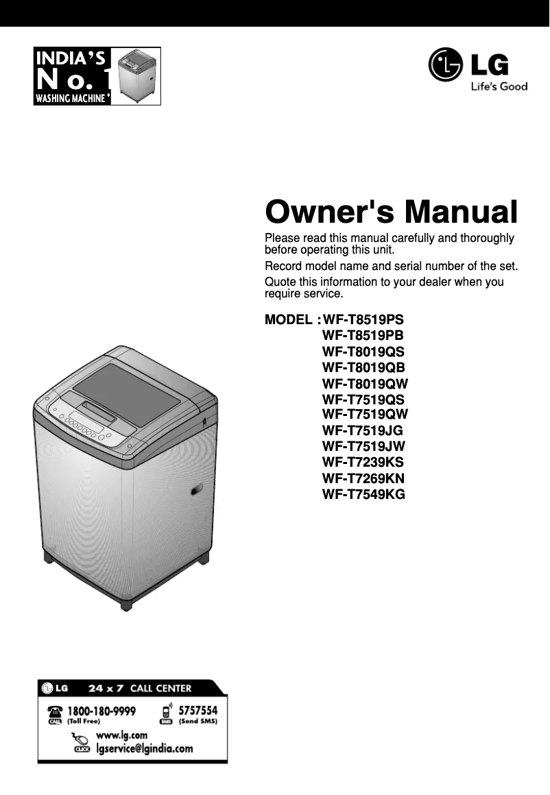 Page 1 de la notice Manuel utilisateur LG WF-T7239KS