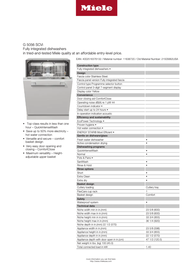 Page 1 de la notice Fiche technique Miele G 5056 SCVi Active