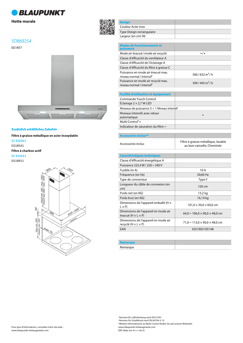 Page 1 de la notice Fiche technique Blaupunkt 5DB69254