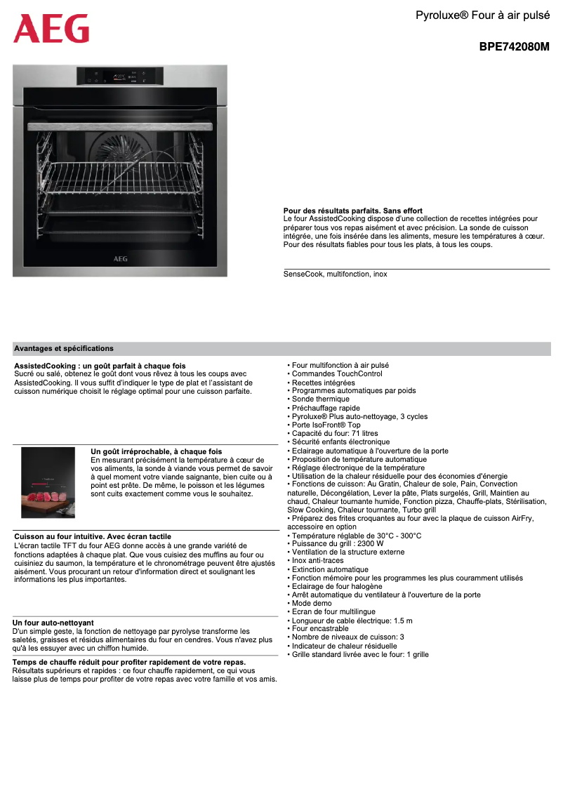 Page 1 de la notice Fiche technique AEG BPE742080M