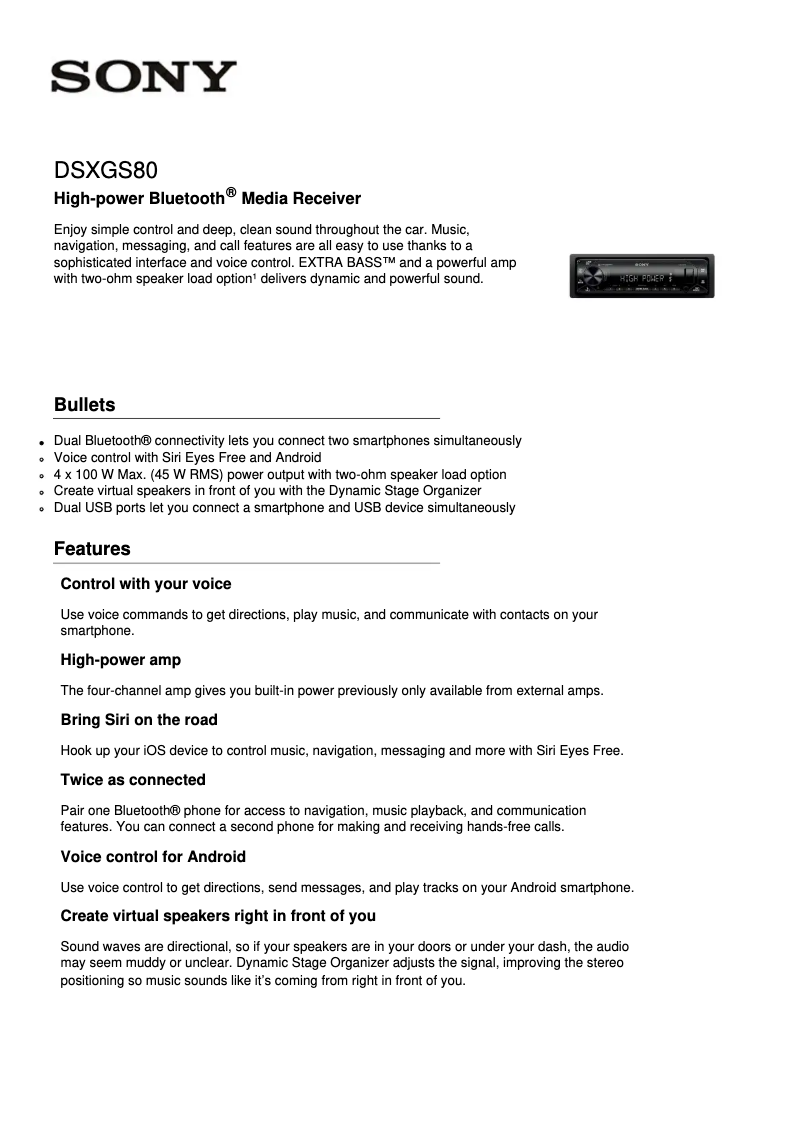 Page 1 de la notice Fiche technique Sony DSX-GS80