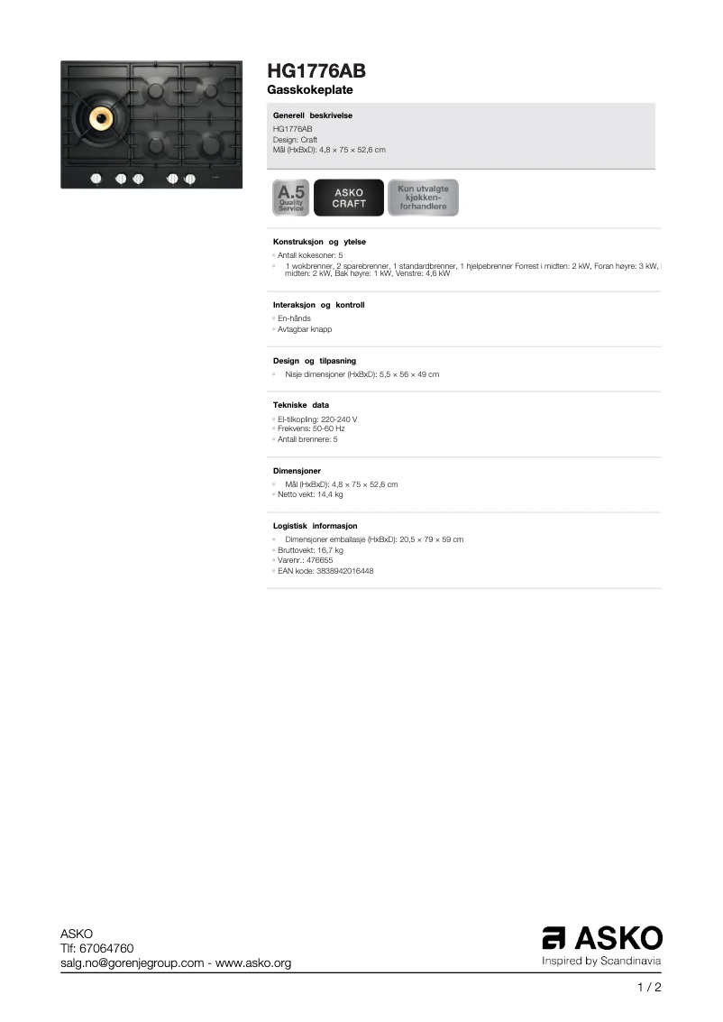Page n°1 - Brochure Asko HG1776AB