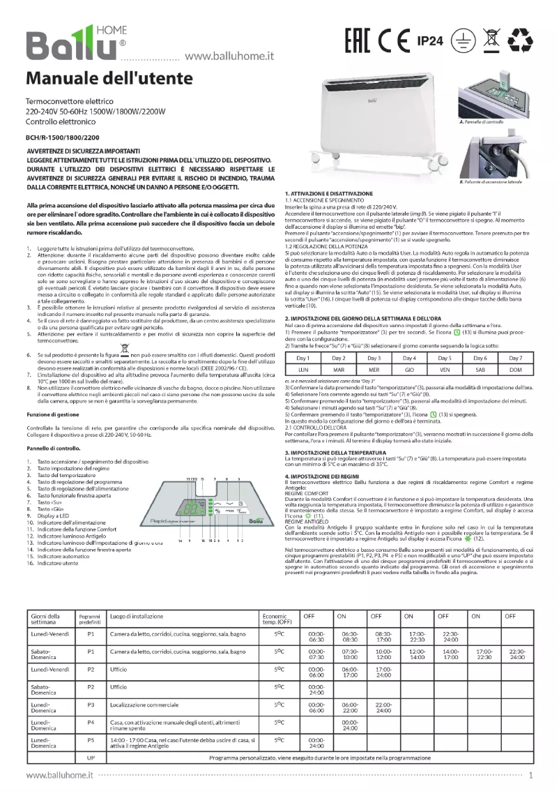 Page 1 de la notice Manuel utilisateur BALLU BCH/R–1800 EI
