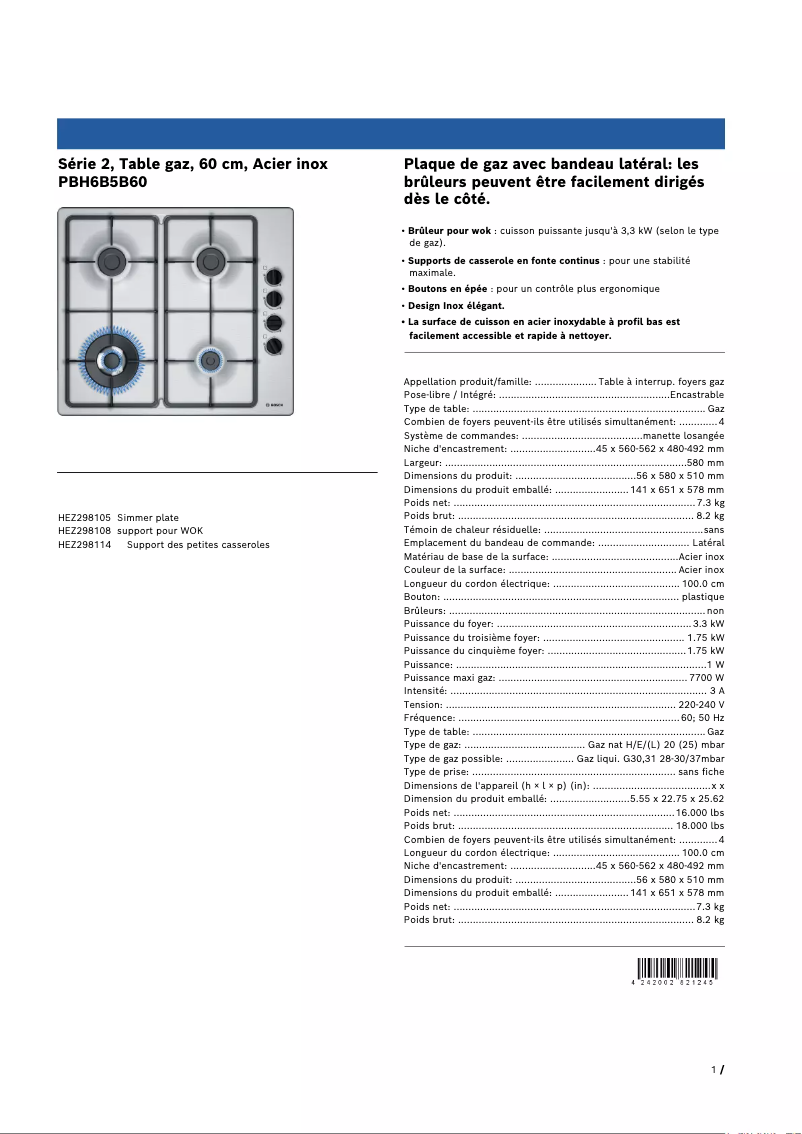 Page 1 de la notice Fiche technique Bosch PBH6B5B60