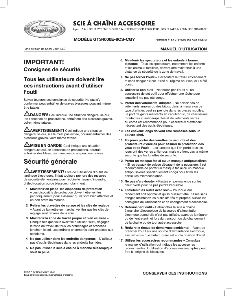 Page n°1 - Manuel utilisateur Sun Joe GTS4000E-8CS-CGY