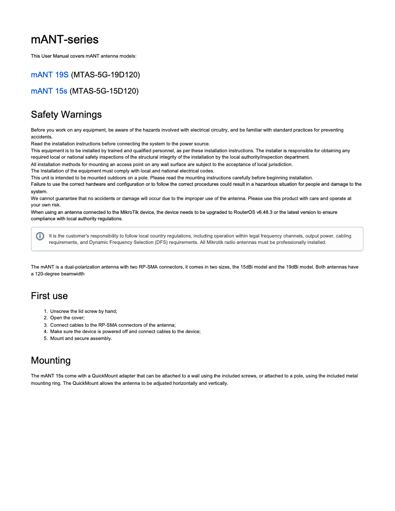 Page n°1 - Manuel utilisateur Mikrotik mANT 15s