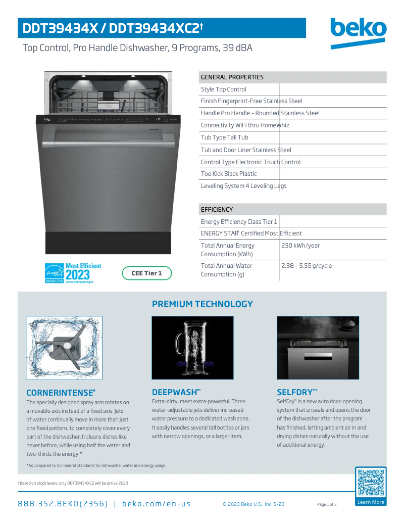 Page 1 de la notice Fiche technique Beko DDT39434XC2