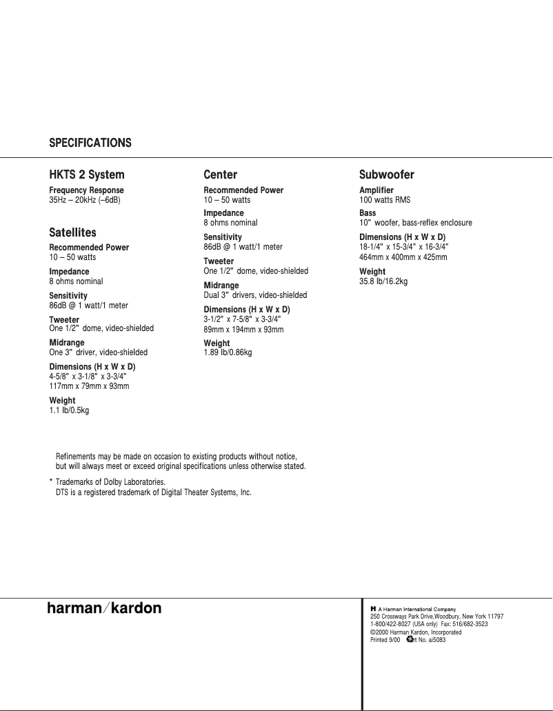Page n°1 - Manuel utilisateur Harman Kardon HKTS 2