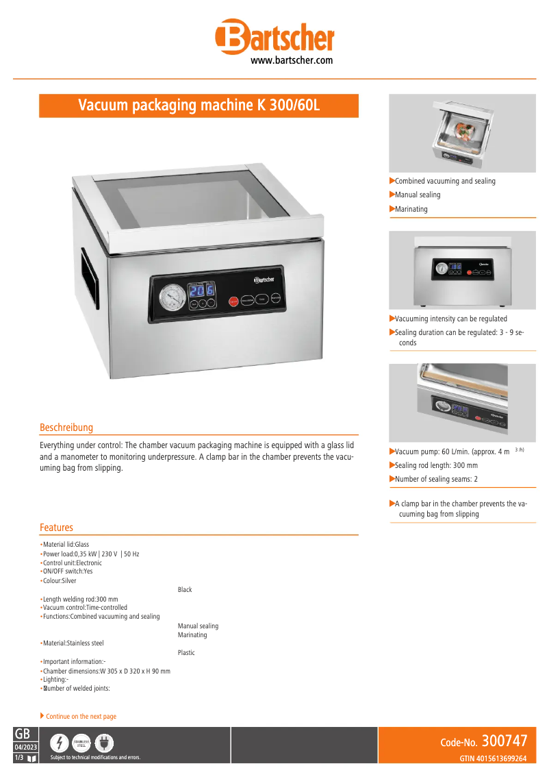 Página 1 del manual Ficha técnica Bartscher 300747