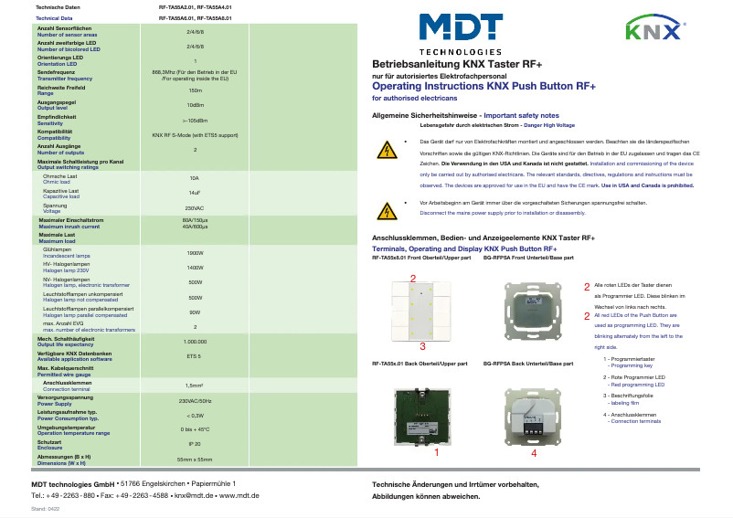Page 1 de la notice Manuel utilisateur MDT RF-TA55A6.01