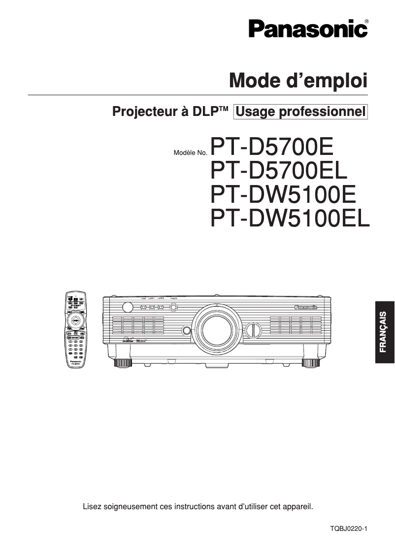 Page 1 of the manual User Manual Panasonic PT-DW5100EL