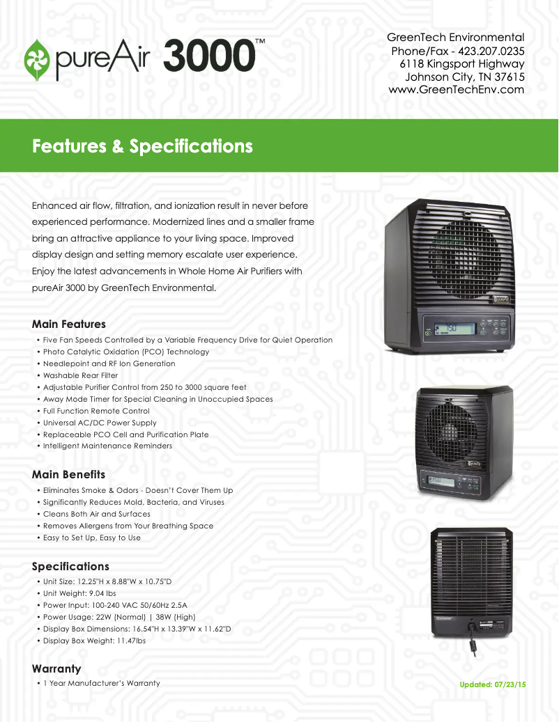 Page 1 of the manual Technical Sheet Greentec 3000