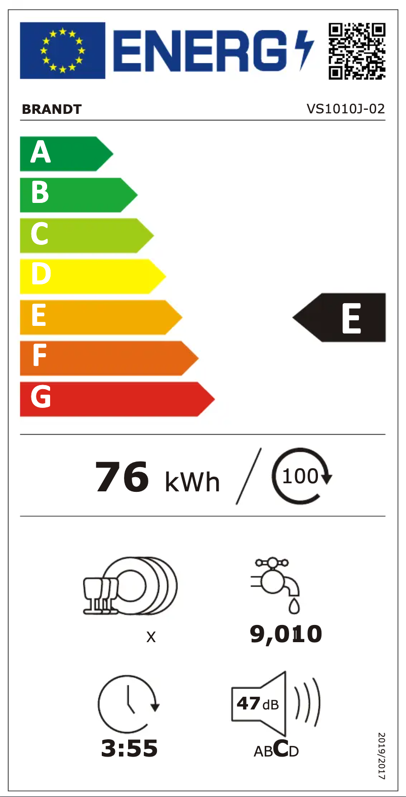 Page 1 de la notice Label énergétique Brandt VS1010J