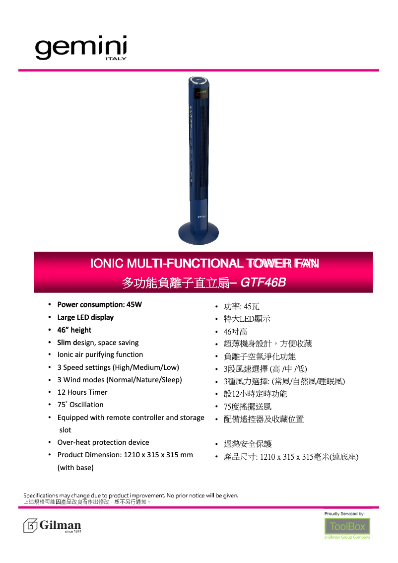 Page 1 of the manual User Manual Gemini GTF46B