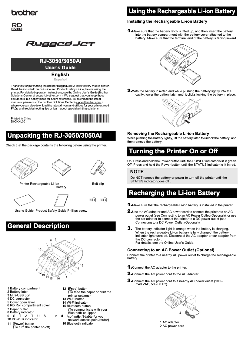 Page n°1 - Manuel utilisateur Brother RJ-3050Ai