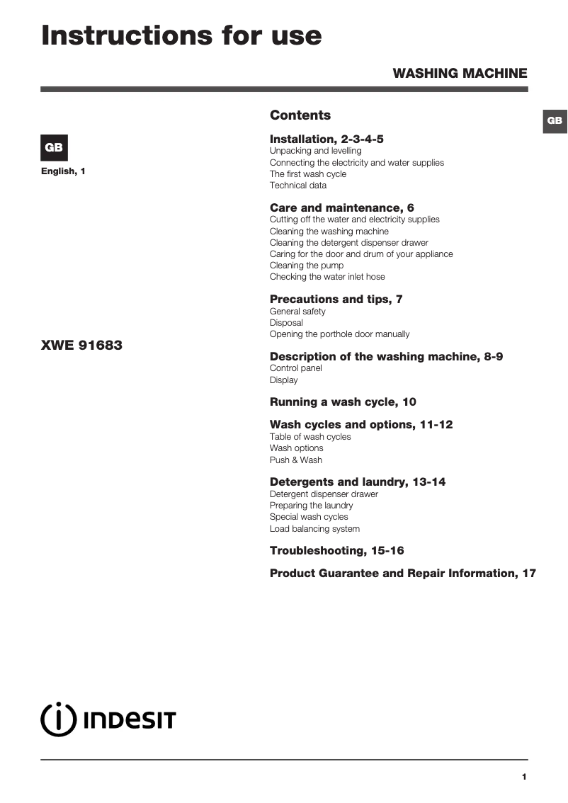 Imagen de la primera página del manual del dispositivo XWE 91683X WWWG UK.C