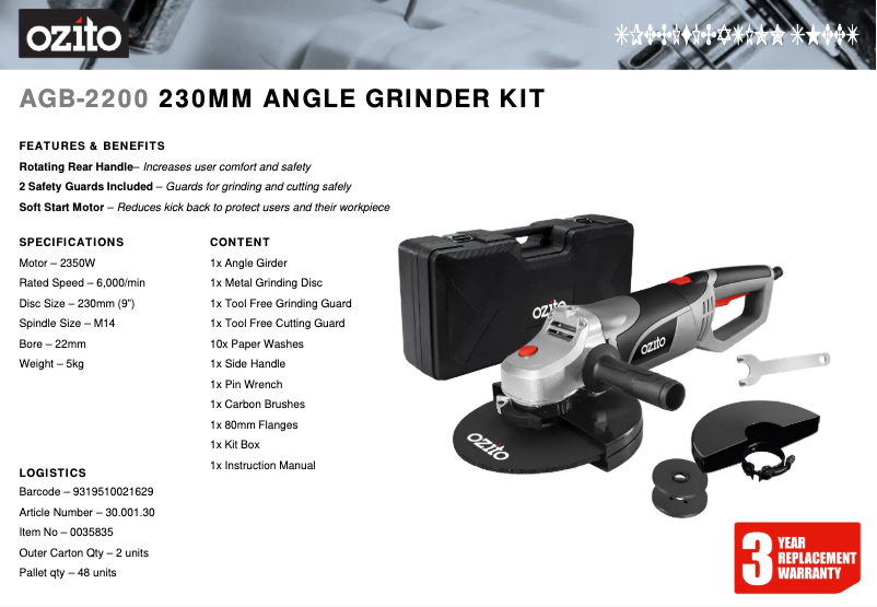 Página 1 del manual Ficha técnica Ozito AGB-2200