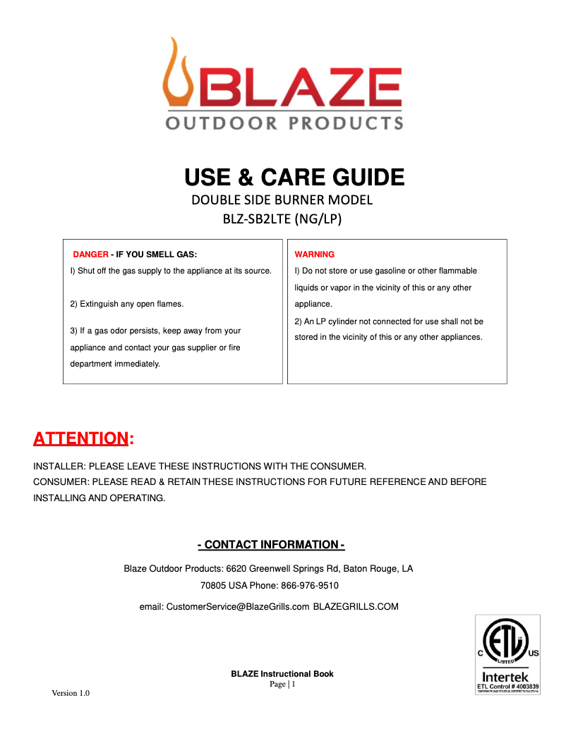 Page 1 of the manual User Manual Blaze BLZSB2LP