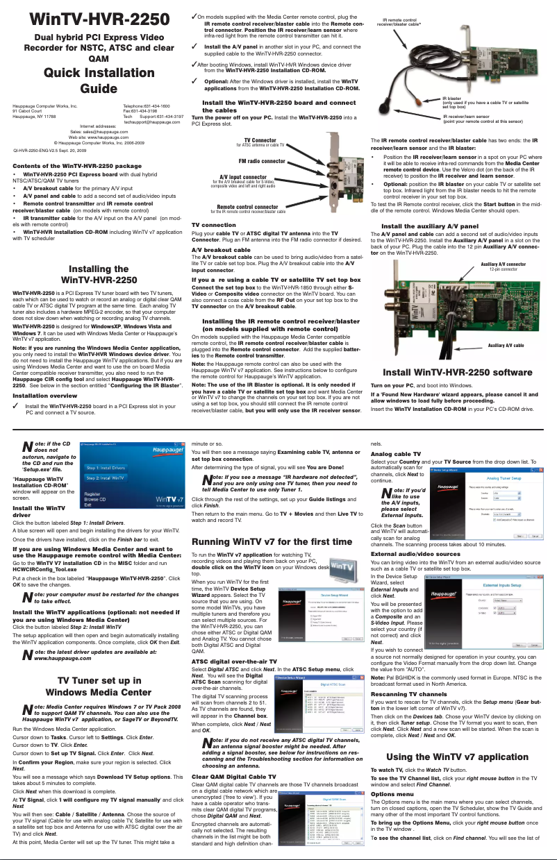 Page n°1 - Manuel utilisateur Hauppauge WinTV-HVR-2250 Media Center Kit