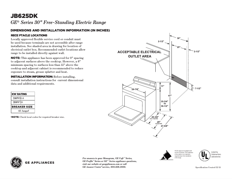Página 1 del manual Ficha técnica GE JB750DJWW