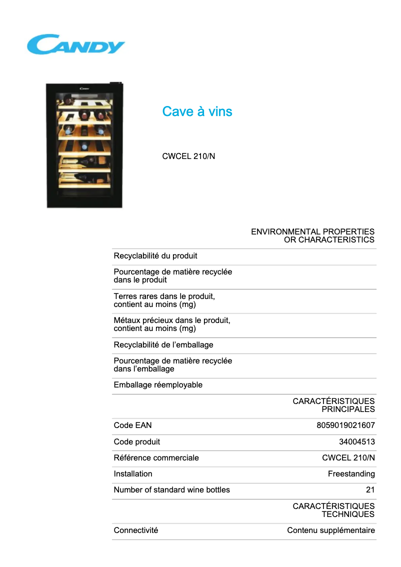 Page 1 de la notice Fiche technique Candy CWCEL 210
