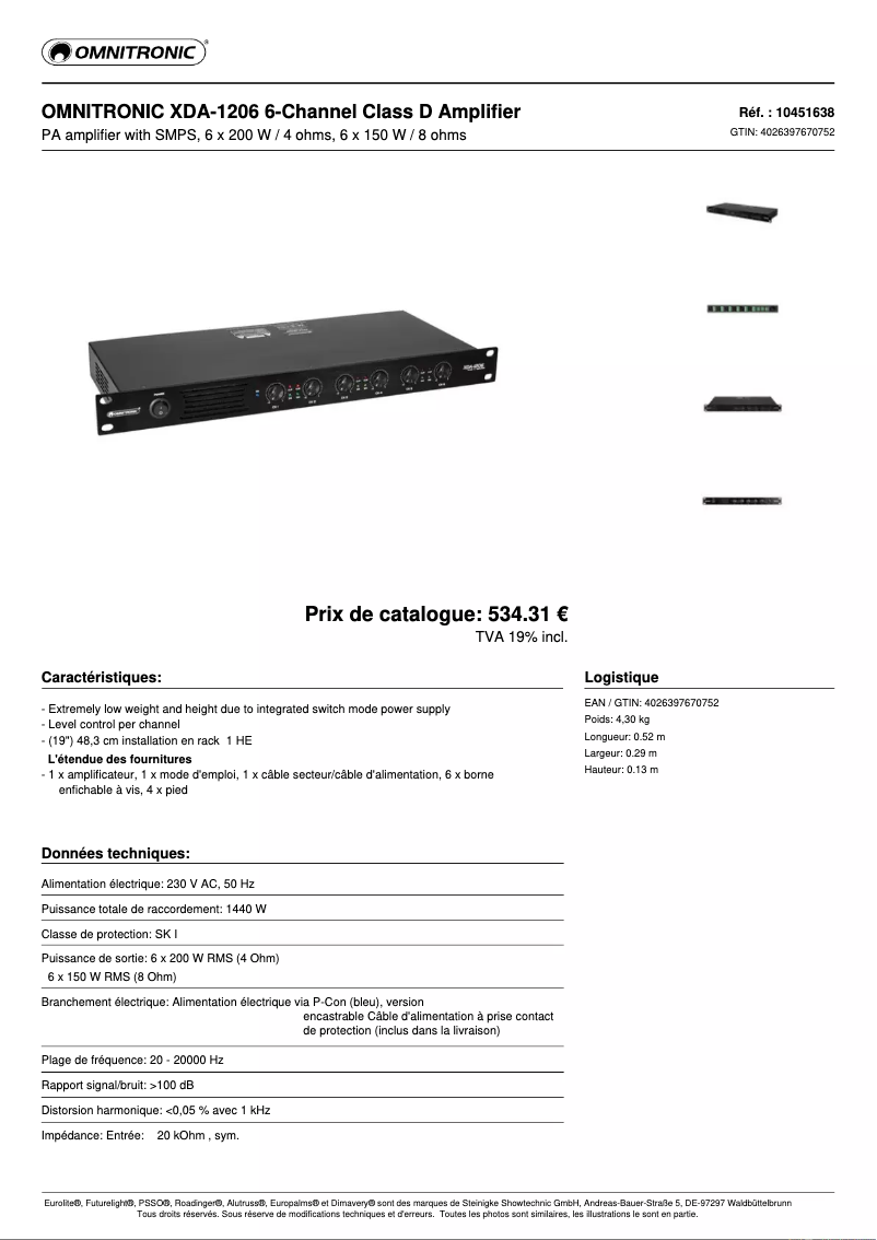 Page n°1 - Fiche technique Omnitronic XDA-1206