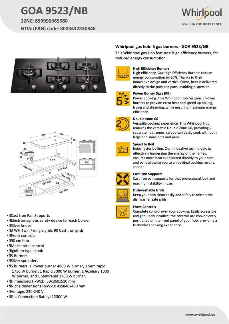 Page 1 de la notice Fiche technique Whirlpool GOA 9523/NB