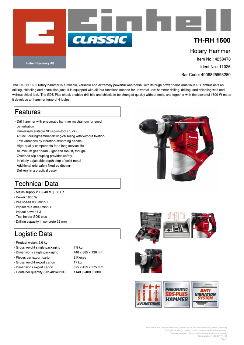 Page 1 de la notice Fiche technique Einhell TH-RH 1600