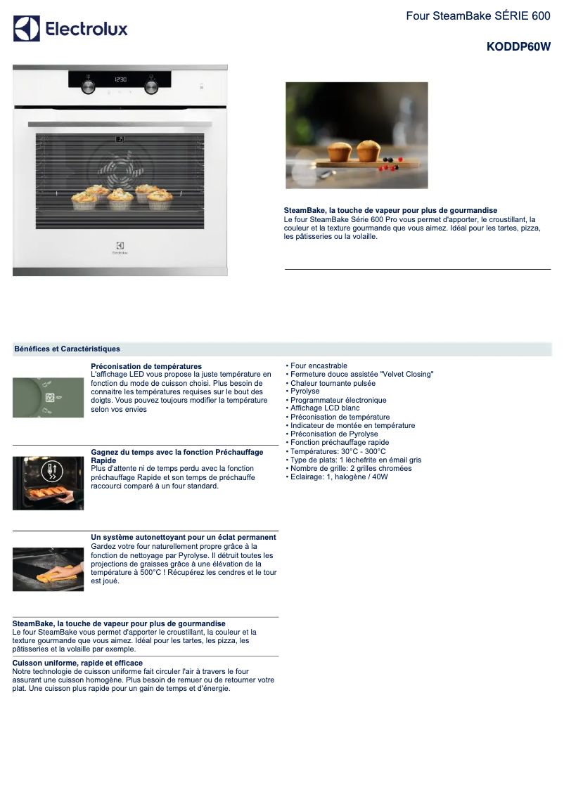 Page 1 de la notice Fiche technique Electrolux KODDP60W